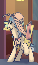 Size: 596x1000 | Tagged: safe, artist:thatasianmike, coco pommel, g4, coffee, fabric, female, hat, mouth hold, saddle bag, solo