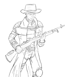 Size: 2208x2576 | Tagged: safe, artist:breadmanwalkin', oc, oc only, oc:calamity, human, fallout equestria, black and white, clothes, enclave, goatee, grayscale, gun, high res, humanized, m14, monochrome, rifle, trenchcoat, trigger discipline, weapon