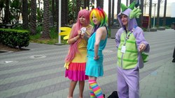 Size: 1280x720 | Tagged: safe, artist:lovelessreaper, fluttershy, rainbow dash, spike, human, g4, clothes, cosplay, costume, irl, irl human, kigurumi, photo