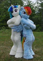 Size: 2516x3578 | Tagged: safe, artist:mrhugodrax, artist:spainfischer, dj pon-3, rainbow dash, vinyl scratch, human, pegasus, pony, unicorn, g4, 2012, back to back, clothes, cosplay, crossed arms, crossed hooves, fursuit, high res, irl, irl human, looking at you, ohio, photo, ponysuit, pose, smiling, smirk, suit, tail, wings