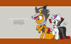 Size: 1920x1200 | Tagged: safe, artist:fuzon-s, scootaloo, sweetie belle, pegasus, pony, unicorn, g4, animal costume, candy, clothes, costume, crossover, cute, cutealoo, diasweetes, fuzon is trying to murder us, grin, halloween, happy, nightmare night, pony channel, raised hoof, rearing, scootawolf, sketch, smiling, sonic channel, sonic the hedgehog (series), style emulation, sweet dreams fuel, vampire costume, wallpaper, wolf costume, yuji uekawa style
