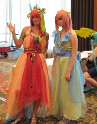 Size: 1128x1448 | Tagged: safe, fluttershy, rainbow dash, human, g4, cosplay, irl, irl human, photo