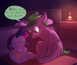 Size: 1280x1083 | Tagged: safe, artist:imsokyo, spike, twilight sparkle, dragon, pony, unicorn, daily life of spike, g4, candle, colt, dialogue, dragonified, duo, female, floppy ears, implied rarity, male, open mouth, ponified, ponified spike, role reversal, sitting, species swap, tumblr, twilidragon