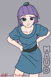 Size: 3018x4512 | Tagged: safe, artist:redapropos, boulder (g4), maud pie, human, g4, deadpan, female, frown, high res, humanized, looking at you, raised eyebrow, solo, traditional art