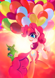 Size: 1358x1920 | Tagged: safe, artist:rariedash, gummy, pinkie pie, earth pony, pony, g4, balloon, duo, female, floating, happy, male, pet, pet tag, pink background, red background, shiny, smiling, then watch her balloons lift her up to the sky