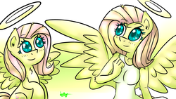 Size: 2560x1440 | Tagged: safe, artist:wolfy-pony, fluttershy, angel, anthro, g4, anthro ponidox, female, fluttershy the angel, halo, solo