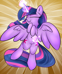 Size: 1000x1200 | Tagged: safe, artist:madacon, twilight sparkle, alicorn, pony, g4, belly button, bellyrubs, cute, eyes closed, female, magic, mare, smiling, solo, spread wings, twiabetes, twilight sparkle (alicorn)