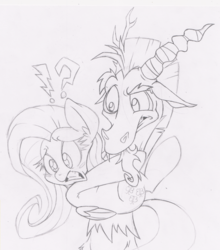 Size: 615x700 | Tagged: safe, artist:dfectivedvice, discord, fluttershy, g4, grayscale, monochrome, scared, sketch, traditional art