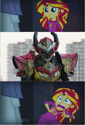 Size: 407x601 | Tagged: safe, sunset shimmer, equestria girls, g4, my little pony equestria girls: rainbow rocks, exploitable meme, inves, kaijin, kaito kumon, kamen rider, kamen rider gaim, lord baron, meme, overlord, overlord inves, sunset screamer