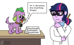 Size: 2152x1308 | Tagged: safe, artist:mkogwheel, sci-twi, spike, spike the regular dog, twilight sparkle, dog, equestria girls, g4, my little pony equestria girls: rainbow rocks, :3, :c, collar, frown, open mouth, paws, pencil, raised eyebrow, simple background, spike's dog collar, tongue out, transparent background, up