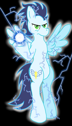 Size: 750x1300 | Tagged: safe, artist:kitty-spirit1, soarin', pegasus, pony, g4, black background, electricity, male, old cutie mark, simple background, solo, spread wings, stallion, wings