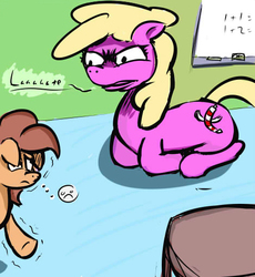 Size: 470x511 | Tagged: safe, artist:firenhooves, oc, oc only, :c, angry, duo, frown, late, math, school, sitting, sitting like a pony, stare, table, teacher, whiteboard