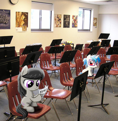 Size: 1017x1047 | Tagged: safe, artist:spacerainbow, dj pon-3, octavia melody, vinyl scratch, earth pony, pony, unicorn, g4, chair, clock, female, filly, foal, glasses, hooves, horn, irl, lesbian, music room, photo, pictures, ponies in real life, ponytail, school, sheet music, ship:scratchtavia, shipping, sitting, stands, vector, younger