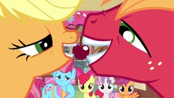 Size: 480x270 | Tagged: safe, edit, edited screencap, screencap, apple bloom, applejack, big macintosh, cup cake, scootaloo, sweetie belle, earth pony, pegasus, pony, unicorn, g4, hearts and hooves day (episode), applecest, cherry, incest, male, ship:applemac, shipping, spread wings, stallion, straight, wingboner, wings