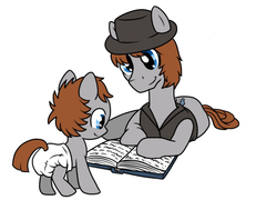 Size: 775x613 | Tagged: safe, artist:diapered-buns, oc, oc only, oc:booker t. grey, baby, book, diaper, foal, hat, poofy diaper, reading