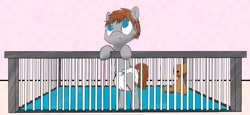 Size: 1280x588 | Tagged: safe, artist:without-any-reason, oc, oc only, oc:booker t. grey, baby, diaper, foal, playpen, teddy bear