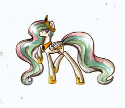 Size: 960x824 | Tagged: safe, artist:domickee, princess celestia, g4, female, raised hoof, simple background, solo, traditional art, watercolor painting