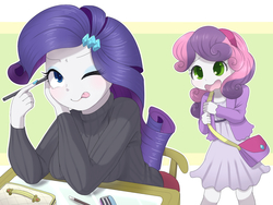 Size: 1200x900 | Tagged: safe, artist:ayahana, rarity, sweetie belle, equestria girls, g4, clothes, cute, dress, duo, eyeliner, female, one eye closed, purse, sisters, sweater, tongue out, turtleneck