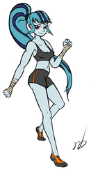 Size: 541x1033 | Tagged: safe, artist:newbluud, sonata dusk, equestria girls, g4, belly button, clothes, colored, fit, hand wraps, high ponytail, long hair, martial arts, midriff, pinup, pointed breasts, ponytail, shorts, slender, sports, sports bra, sports shorts, thighs, thin