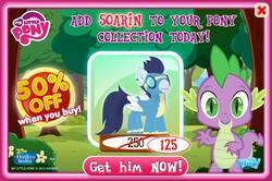 Size: 838x556 | Tagged: safe, gameloft, soarin', spike, g4, hasbro, my little pony logo