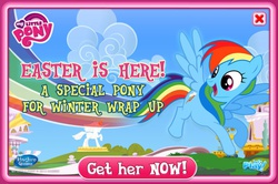 Size: 838x556 | Tagged: safe, gameloft, rainbow dash, g4, official, advertisement, easter, female, holiday, my little pony logo, solo