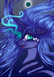 Size: 1364x1929 | Tagged: safe, artist:risterdus, princess luna, g4, crying, eclipse, floppy ears, fluffy, glowing eyes, looking up, open mouth, portrait, s1 luna, solo, transformation, wide eyes