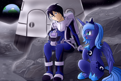 Size: 2976x2000 | Tagged: safe, artist:vavacung, princess luna, oc, oc:anon, oc:generic messy hair anime anon, alicorn, human, pony, g4, astronaut, earth, high res, luna and the nauts, moon, s1 luna, space, spaceship, spacesuit