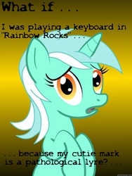 Size: 625x833 | Tagged: safe, lyra heartstrings, equestria girls, g4, my little pony equestria girls: rainbow rocks, conspiracy lyra, cutie mark, exploitable meme, image macro, keyboard, lyre, meme, pun