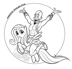 Size: 845x811 | Tagged: artist needed, source needed, safe, fluttershy, human, g4, crossover, god of war, kratos, monochrome, riding