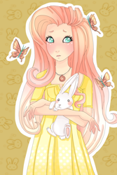 Size: 1400x2100 | Tagged: safe, artist:coralpinkflorescent, fluttershy, human, g4, abstract background, female, humanized, solo