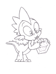 Size: 457x600 | Tagged: safe, artist:dfectivedvice, spike, dragon, g4, baby, baby dragon, cute, gem, grayscale, licking, male, monochrome, sketch, solo, spikabetes, tongue out