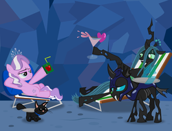 Size: 1646x1248 | Tagged: safe, artist:magerblutooth, diamond tiara, queen chrysalis, oc, oc:dazzle, cat, changeling, g4, apple juice, beach chair, chair, cocktail, drink, helmet, juice box, plate