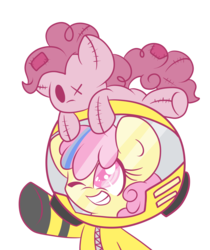 Size: 1665x1981 | Tagged: safe, artist:starlightlore, pinkie pie, oc, oc only, oc:puppysmiles, earth pony, pony, fallout equestria, fallout equestria: pink eyes, g4, fallout, fanfic, fanfic art, female, filly, foal, hazmat suit, hooves, ministry mares, one eye closed, plushie, simple background, smiling, solo, teeth, toy, transparent background