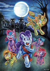 Size: 650x928 | Tagged: safe, artist:creepynurse, artist:macgreen, baby half note, baby heart throb, baby lofty, buttons (g1), knight shade, lofty, earth pony, pegasus, pony, bright lights, g1, g4, baby, baby half note (pegasus), baby hawwlf note, baby heart throb (earth pony), baby heartthrobetes, baby lofty (earth pony), baby loftybetes, baby pony, cute, earth pony buttons, female, filly, foal, g1 buttonbetes, g1 to g4, generation leap, knightorable, loftybetes, male, mare, night, race swap, running, scared, song, stallion, traditional art, we're gonna make you sorry