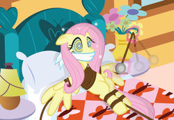 Size: 1024x708 | Tagged: safe, artist:radiantrealm, fluttershy, pegasus, pony, g4, bed, bondage, bound wings, cloth gag, female, gag, hypnosis, kaa eyes, levitation, mare, offscreen character, pendulum swing, rope, show accurate, solo, tied down, watch