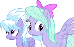 Size: 9363x6000 | Tagged: safe, artist:gamemasterluna, cloudchaser, flitter, pegasus, pony, g4, absurd resolution, bow, female, folded wings, frown, hair bow, looking away, mare, simple background, spread wings, transparent background, vector, wings