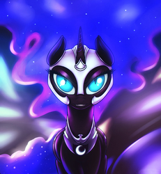 Size: 1182x1280 | Tagged: safe, artist:shydale, nightmare moon, g4, beautiful, female, looking at you, profile, smirk, solo