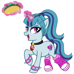 Size: 1200x1188 | Tagged: safe, artist:pixelkitties, sonata dusk, pony, unicorn, equestria girls, g4, amulet, clothes, converse, equestria girls ponified, female, high ponytail, levitation, looking at you, magic, necklace, open mouth, ponified, ponytail, shoes, simple background, sneakers, solo, sonataco, spiked wristband, taco, telekinesis, that girl sure loves tacos, that pony sure does love tacos, that siren sure does love tacos, transparent background, walking