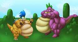 Size: 1280x698 | Tagged: safe, artist:unknownwolf, spike, g4, crossover, fat, fat fetish, fetish, larry koopa, morbidly obese, muscle fetish, musclegut, muscles, obese, sumo, sumo spike, super mario bros., wand