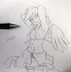 Size: 1941x1975 | Tagged: safe, artist:redapropos, rainbow dash, human, g4, abs, armpits, belly button, blushing, female, humanized, monochrome, pencil drawing, sketch, solo, traditional art, winged humanization, wink, wip