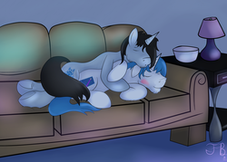 Size: 4000x2863 | Tagged: safe, artist:frostyb, oc, oc only, oc:frost bright, oc:frost stormwind, pony, unicorn, couch, cuddling, gay, male, smiling, snuggling