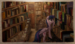 Size: 800x469 | Tagged: safe, artist:hewison, twilight sparkle, alicorn, pony, g4, book, bookshelf, female, library, mare, solo, stepladder, twilight sparkle (alicorn)