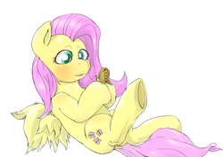 Size: 2024x1433 | Tagged: safe, artist:ushiro no kukan, fluttershy, butterfly, g4, female, pixiv, solo, underhoof