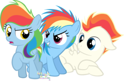 Size: 1348x877 | Tagged: safe, artist:arceus55, rainbow dash, oc, oc:fire lightning, oc:rainbow bearer, pegasus, pony, g4, colt, crossed hooves, female, filly, foal, grin, male, open mouth, raised hoof, simple background, smiling, transparent background, trio, younger