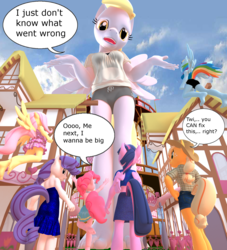 Size: 1500x1654 | Tagged: source needed, safe, artist:nobody25445, applejack, derpy hooves, fluttershy, pinkie pie, rainbow dash, rarity, spike, twilight sparkle, anthro, plantigrade anthro, g4, 3d, barefoot, clothes, dress, feet, giant anthro, giant anthro derpy hooves, macro, mane seven, mane six, midriff, skirt, source filmmaker, twilight sparkle (alicorn)