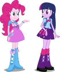 Size: 5477x6560 | Tagged: safe, artist:starnight5, pinkie pie, twilight sparkle, equestria girls, g4, my little pony equestria girls, absurd resolution, backpack, balloon, boots, bracelet, clothes, cutie mark on clothes, duo, high heel boots, jewelry, simple background, skirt, transparent background, twilight sparkle's skirt