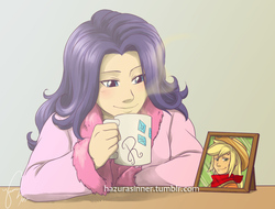 Size: 923x700 | Tagged: safe, artist:hazurasinner, applejack, rarity, human, g4, bathrobe, bedroom eyes, blushing, clothes, coffee mug, female, humanized, lesbian, picture frame, robe, ship:rarijack, shipping