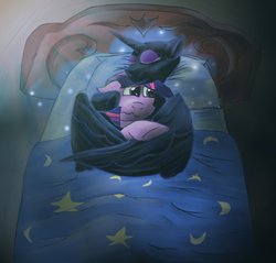 Size: 915x873 | Tagged: safe, artist:firefanatic, nightmare moon, twilight sparkle, alicorn, pony, g4, bed, cuddling, duo, eyes closed, fanfic, fanfic art, fanfic cover, female, floppy ears, hug, mare, nervous, nicemare moon, offspring, on side, sleeping, smiling, snuggling, twilight sparkle (alicorn), wavy mouth, winghug