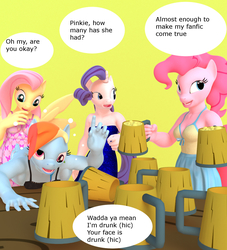 Size: 1500x1654 | Tagged: source needed, useless source url, safe, artist:nobody25445, fluttershy, rainbow dash, rarity, anthro, g4, 3d, drunk, drunker dash