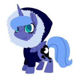 Size: 450x450 | Tagged: safe, artist:breadcipher, princess luna, lunadoodle, g4, clothes, cute, female, filly, hoodie, s1 luna, simple background, smiling, solo, transparent background, woona